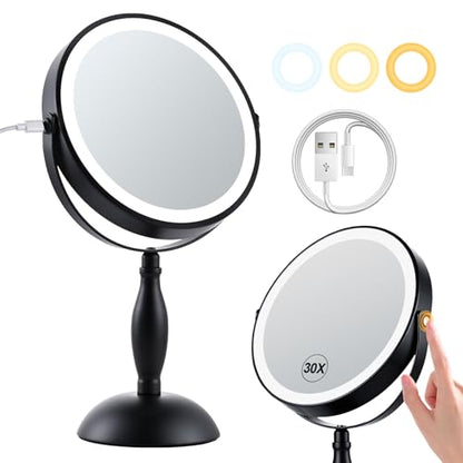 30X Magnifying Mirror with Lights-Matte Black 8" Dual Sided | (1X/30X) Lighted Makeup Mirror, 360° Swivel, 5000mAh Rechargeable Side Touch & Side Charging, 3 Colors & Dimmable Brightness - color: Matte Black