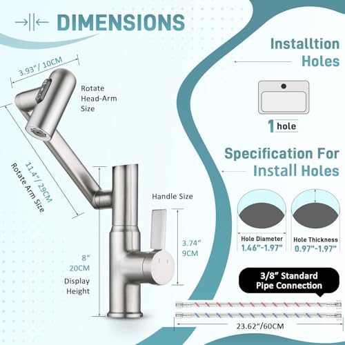 Rotatable Bathroom Faucet with Temperature Display in Fahrenheit(Batteries-Free), Height Adjustable Sink Smart Faucet with 3 Water Settings for Bathroom Lavatory Vanity Sink, LCF-2401, Brushed Nickel - color: Brushed Nickel - Fahrenheit