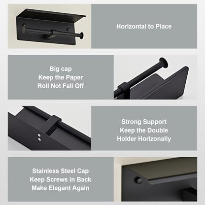 Black Double Paper Holder with Shelf, Toilet Roll Holder for Bathroom | Wall Mounted SUS 304 Stainless Steel Toilet Tissue Holder YIGUANXIN - color: Black