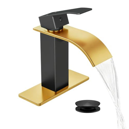 Waterfall Single Handle Bathroom Sink Faucet with Drain BlackGold | Black Gold Vanity Faucet with Pop-up Drain, Ceramic Valve, for 1 or 3 Hole Modern Bathrooms. - color: Black Gold