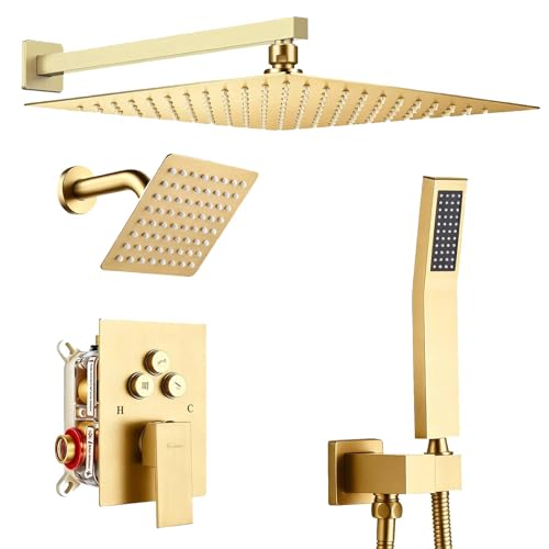 Dual Rainfall Shower Head System Brushed Gold, 3-Function Push Button Shower Faucet Set with 12" Wall Mount Rain shower head and 6" Wall Mount Shower Head, Pressure Balance Rough-in Valve - color: Brushed Gold, style: Wall Mount