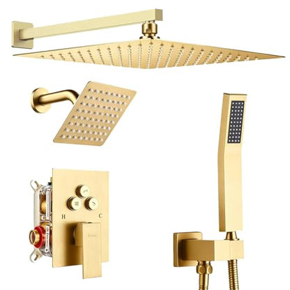 Dual Rainfall Shower Head System Brushed Gold, 3-Function Push Button Shower Faucet Set with 12" Wall Mount Rain shower head and 6" Wall Mount Shower Head, Pressure Balance Rough-in Valve - color: Brushed Gold, style: Wall Mount