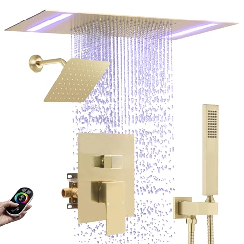 Rain Shower Head System with 14x20 Inch Ceiling Mount LED Head & 6 Inch Wall Head and Handheld Shower 3 Way Pressure Balance Valve Kit,Brushed Gold - color: Brushed Gold, style: 14x20 inch+6inch