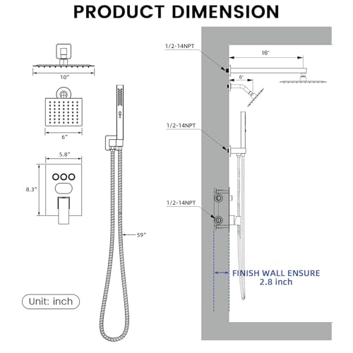 Longriver 3-Push Button Shower Faucet Set Hydro Power Temperature Display | Shower System Wall Mounted 10" & 6" Shower Head with 3-Spary Handheld, Shower Fixtures with Valve and Trim Kit, Matte Black