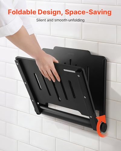 VEVOR Foldable Shower Seat Wall Mounted, 17.8" Folding Shower Bench with Supportive Backrest, Plastic Fold-Down Bathroom Corridor Seat with Stainless Steel Frame for Adults Seniors, 400LBS Loading