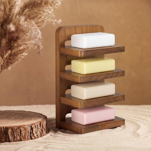 Natural Wood 4-Tier Bar Soap Holder, Tilted Self-draining Wall Mounted Soap Tower Tray with 4 Strong Adhesive Strips, 8.27" x 4.72" x 3.54" Rustic Wooden Soaps Organizer for Shower & Sink