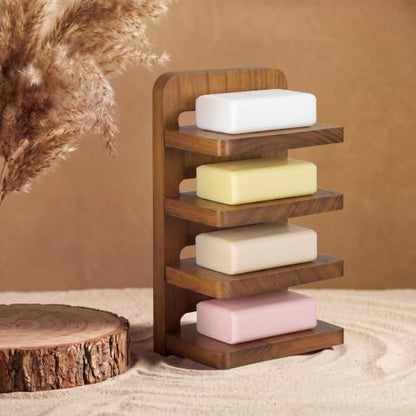 Natural Wood 4-Tier Bar Soap Holder, Tilted Self-draining Wall Mounted Soap Tower Tray with 4 Strong Adhesive Strips, 8.27" x 4.72" x 3.54" Rustic Wooden Soaps Organizer for Shower & Sink