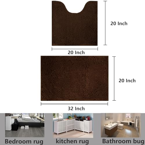 Bathroom Rugs Chenille, Extra Thick and Absorbent, Non-Slip, Machine Washable, Dry Quckily, Soft Cozy Plush, Used Under Shower Bathtub and Sink, Bath Mat Sets Coffee - color: Coffee, size: 20 x 32 inch + 20 x 20 inch (U-Shape)