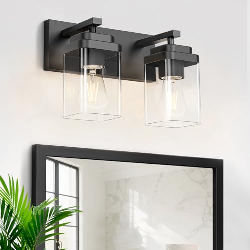 Black Bathroom Light Fixtures, 2 Lights Bathroom Lighting Fixtures Over Mirror, Square Design & Rectangle Large Backplate, Modern Vanity Lighting Fixtures, for Bathroom/Living Room/Bedroom - color: Black, size: 15-inch, 2-Light