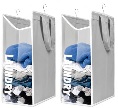 Hanging Laundry Hamper Bag for Closet – Space Saving hanging basket with handles, Portable Heavy Duty Laundry Bag with See-trough Mesh, Closet Organizer with Smart Side Zipper, Black & Gray - color: Gray Closet, size: 2-Pack