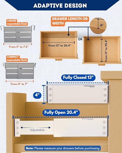 4 Pack Adjustable Drawer Dividers for Clothes with Scent Slots 4" High, 13-20.4" and 4 Adjustable Hooks, Expandable Dresser Drawer Dividers for Kitchen, Closet, Bathroom, Office