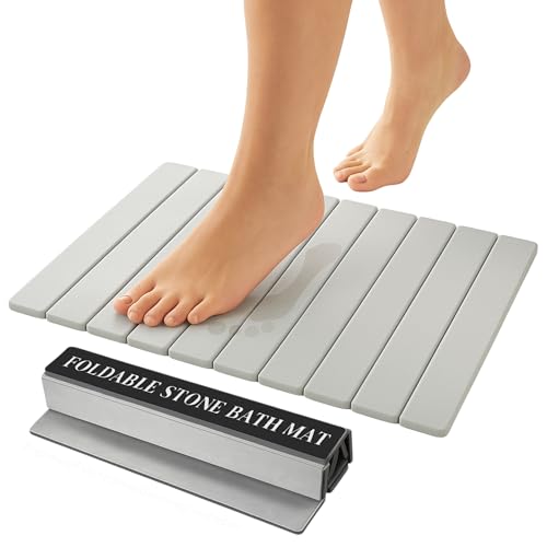 Foldable Stone Bath Mat for Bathroom, Diatomaceous Earth, 24" x 16", 1 Pack | Absorbs Water in Seconds, Easy & Compact Storage, For Bathrooms, Kitchens, Pet Areas, Includes Safety Mat & Sanding Tool - style: Roll-up/Foldable