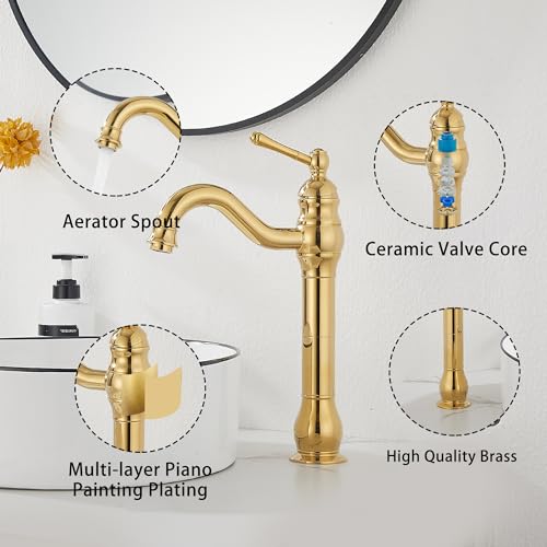 Single Handle Bathroom Vessel Sink Faucet, Polished Gold | 360° Swivel, Single-Handle One Hole, Matching Pop Up Drain, Farmhouse Style - color: Polished Gold, size: Vessel