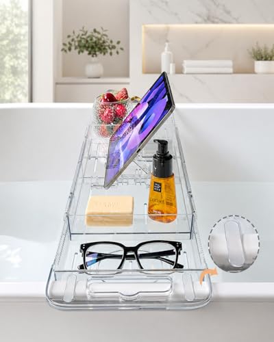 Bathtub Caddy Tray,Adjustable Bathtub Tray Table, Bath Organizer for Relaxing Spa-Features 2 Cup Holders, A Phone Stand with 5 Angle Adjustments,Non-Slip Silicone Pads,Won't Get Moldy,Easy to Clean.