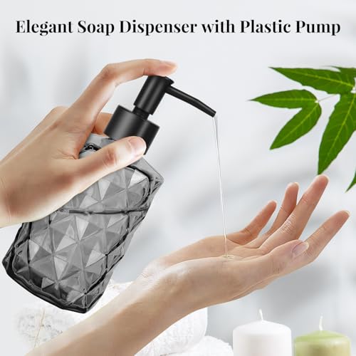 11oz Glass Soap Dispenser with Plastic Pump, Clear Black Bathroom Soap Dispenser for Hand Wash & Dish Wash, Elegant Dispenser for Dishwashing Liquid, Lotion, Shower Gel, Essential Oil - color: Diamond Black
