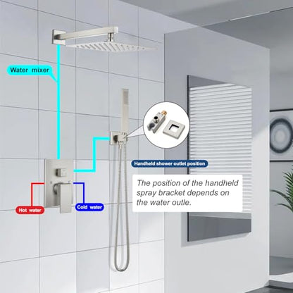 Midanya Shower Faucet Set with Handheld Sprayer,16 Inch,Brushed Nichel | Rough-in Shower Valve and Trim Kit Included,Square Rain Head,Wall Mount Shower System,All Metal,Bathroom - color: Nickel, size: 16 Inch