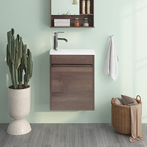 wonline 16” Bathroom Vanity Sink Combo for Small Space Wall Mounted Cabinet Set Design White Resin Basin Sink Top Chrome Faucet Wood Color - color: Brown
