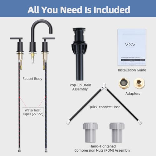 VXV Matte Black Bathroom Faucet 3 Hole Widespread with Easy Installation, 2-Handle 8 Inch Bathroom Sink Faucet 360° Swivel Spout, Pre-Attached Hoses & Drain Included, Vanity Faucet for Bath Sink - color: Luxury Matte Black