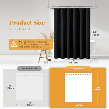 72x78 Linen Textured Waterproof Thick Fabric Shower Curtain Set, Black | Long Size, 230GSM Polyester, Heavy Duty Cloth, Weighted Hem, 12 Plastic Hooks, Modern Luxury Hotel Style, Machine Washable - color: Black, size: 72"W x 78"L (Pack of 1)