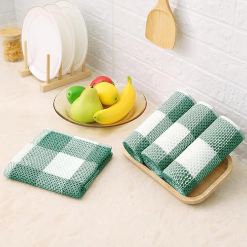 Homaxy 100% Cotton Waffle Weave 4 Pack Kitchen Towels, 13" x 28 | White & Dark Green, Waffle Weave, Plaid, Super Soft and Absorbent Dish Towels, Quick Drying - color: White & Dark Green, size: 13 x 28 - 4 Pack