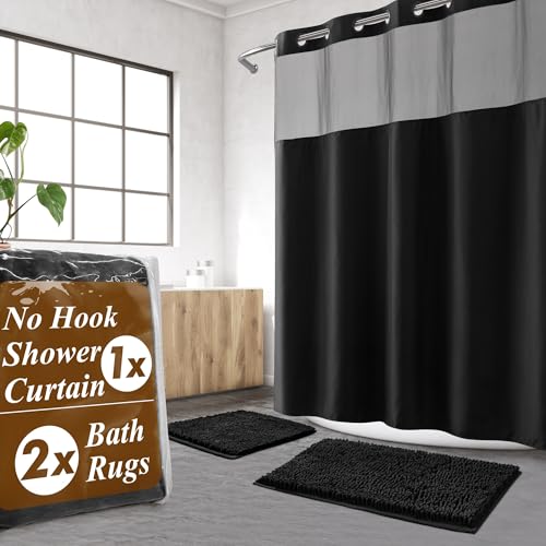 Barossa Design 3 Pcs 71x74 No Hook Shower Curtain Set with Bath Rugs Black | Mesh Window Top, 17Wx24L plus 19Wx29L Chenille Non-Slip Bath Mat, Snap-in Liner - color: Black