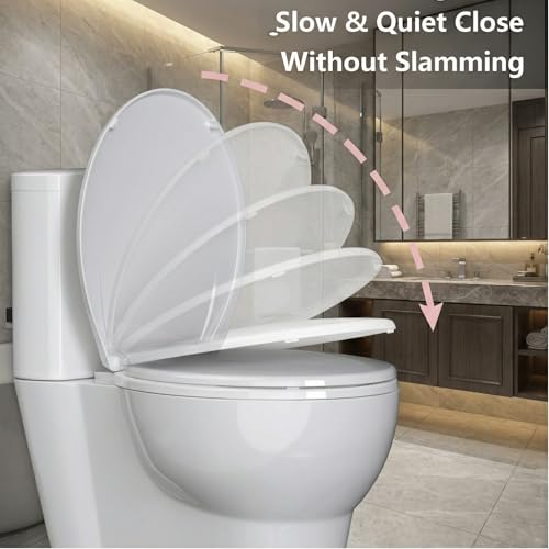 Elongated Toilet Seat with Slow Close & Quiet Close, 19 Inch Never Loosen Durable Lid, Polypropylene Easy to Install & Clean, White - color: White, Standard style, size: Elongated (19″)