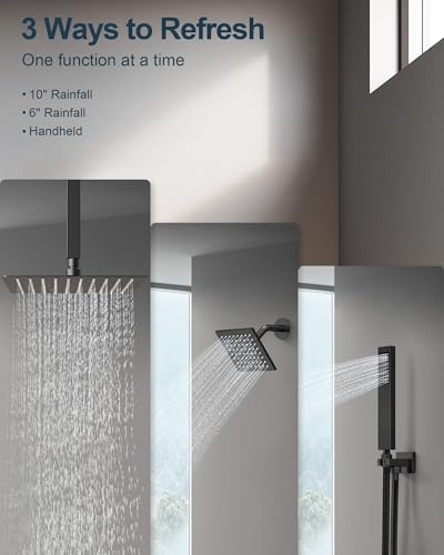 Matte Black 3-Function Shower System with 10" Rainfall & 6" Secondary Shower Head, Handheld Combo Set, Wall Mounted cUPC Certified Pressure Balance Valve - color: Matte Black