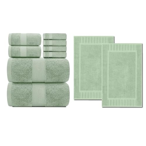 White Classic 8-Piece Light Green Towel Set [2 Bath Towels, 2 Hand Towels, 4 Washcloths] and 2 Luxury Bath Mats 22 x 34 | Cotton, Highly Absorbent and Quick Dry for Hotels, Spa and Bathroom