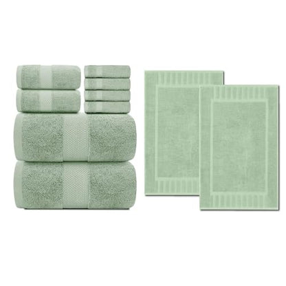 White Classic 8-Piece Light Green Towel Set [2 Bath Towels, 2 Hand Towels, 4 Washcloths] and 2 Luxury Bath Mats 22 x 34 | Cotton, Highly Absorbent and Quick Dry for Hotels, Spa and Bathroom