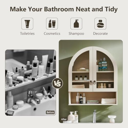 IFGET Bathroom Arched Wall Cabinet, 23.6'' Wide Medicine Cabinet with Adjustable Shelves & Acrylic Glass Doors, Over The Toilet Storage Wall Mount Cabinet for Laundry Room,Kitchen & Living Room, Cream - color: Cream