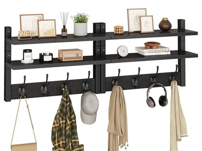 YMYNY Double Shelf Coat Rack Wall Mount with 8 Hooks, Black HWS009B-2 | Wooden Coat Hanger Key Holder Wall Mount for Coats Hats Keys - Wood Wall Mounted Coat Rack with Shelf for Entryway & Bathroom - color: Black