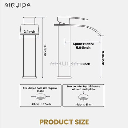 Airuida Vessel Sink Faucet, Black&Gold Tall Waterfall Bathroom Faucet | Single Handle,Tall Bathroom Faucet 1 Hole,Vanity Faucet,without Drain,Bowl Bathroom Faucet - color: Matte Black&Brushed Gold