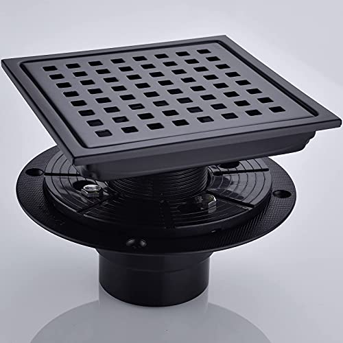 RANDOM Square Shower Drain 6 Inch Matte Black Stainless Steel Shower Floor Drain Kit with Adjustable PVC Base Flange, Removable Grid Grate, Hair Strainer - color: C-matte Black-6″ Square With Base Flange