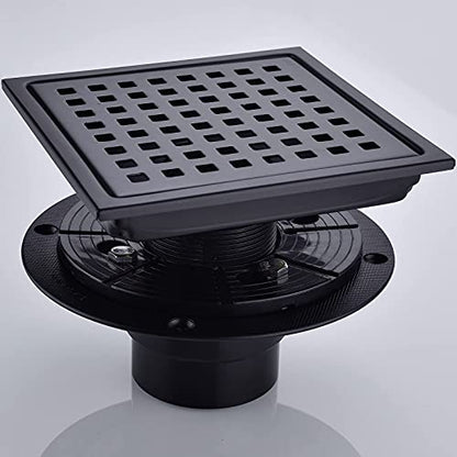 RANDOM Square Shower Drain 6 Inch Matte Black Stainless Steel Shower Floor Drain Kit with Adjustable PVC Base Flange, Removable Grid Grate, Hair Strainer - color: C-matte Black-6″ Square With Base Flange