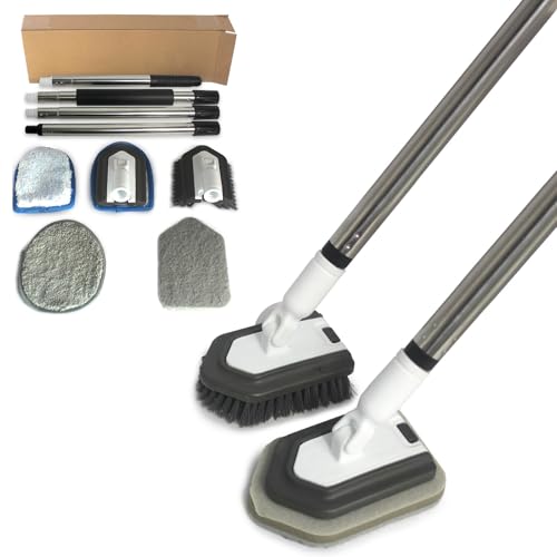 Floor Scrub Brush, 5 in 1 Tile Tub Scrubber with 56" Adjustable Long Handle and 5 No Scratch Scrubber Heads for Bathroom, Kitchen, Toilet, Bathtub