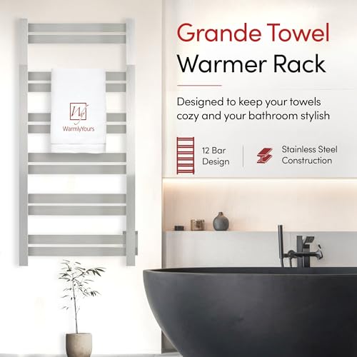 WarmlyYours Grande Heated Towel Rack, 12 Bars, Polished Stainless Steel | Wall-mounted electric towel warmer rack and dryer, 120V hardwired, flat heated bars for towels and bathrobes - color: Polished Stainless Steel, size: 12 Bars