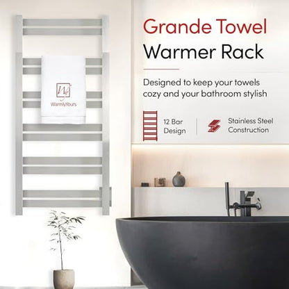 WarmlyYours Grande Heated Towel Rack, 12 Bars, Polished Stainless Steel | Wall-mounted electric towel warmer rack and dryer, 120V hardwired, flat heated bars for towels and bathrobes - color: Polished Stainless Steel, size: 12 Bars