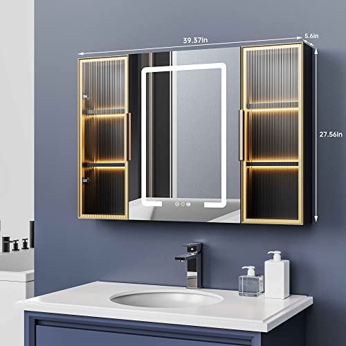 Upgrade Medicine Cabinets for Bathroom with Mirror and Storage Cabinets, 39.37”W x 27.56”H Surface Wall Mounted LED Medicine Cabinet with Lights, Defogger, Dimmer, Memory Fuction - size: 39x27 Inch