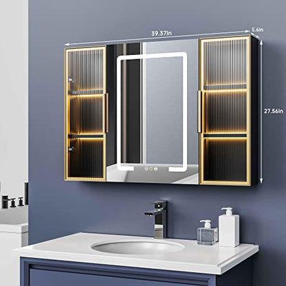 Upgrade Medicine Cabinets for Bathroom with Mirror and Storage Cabinets, 39.37”W x 27.56”H Surface Wall Mounted LED Medicine Cabinet with Lights, Defogger, Dimmer, Memory Fuction - size: 39x27 Inch