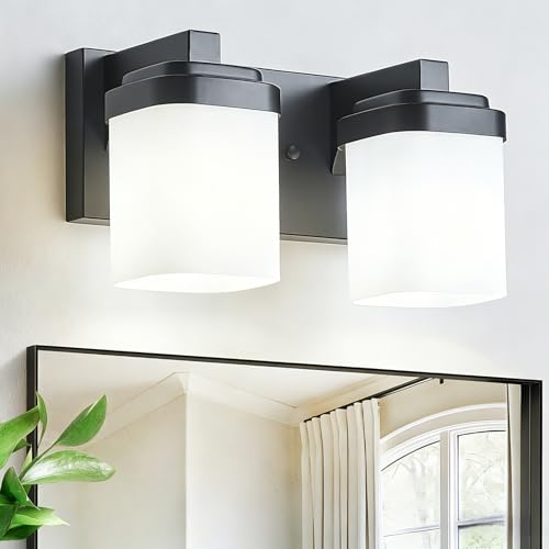 10 Inches Bathroom Vanity Light, 2-Light Black Bathroom Light Fixtures Over Mirror, Bathroom Light Shower Lamp with Milky White Square Glass Shade, Modern Farmhouse Lighting Fixtures - color: Black, size: 10 Inch : 2-lights