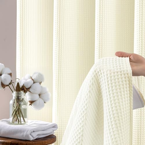 River Dream Cream Cotton Blend Fabric Shower Curtain Set with Liner, 71x74 | Waffle Weave, No Hook Needed, with Snap in Replacement Liner, Top Sheer Window, Hotel Quality Fabric for Bathroom - color: Cream, size: 71"W x 74"L (Pack of 1)