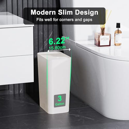 N. NETDOT 3 Pack Small Trash Can with lid, 3 Gallon Bathroom Trash Can,Garbage Can Slim Trash Bin Waste Basket for Bathroom,Kitchen,Bedroom,Living Room,Office,Laundry - Off White - color: Off White, size: 3 X 3 Gal