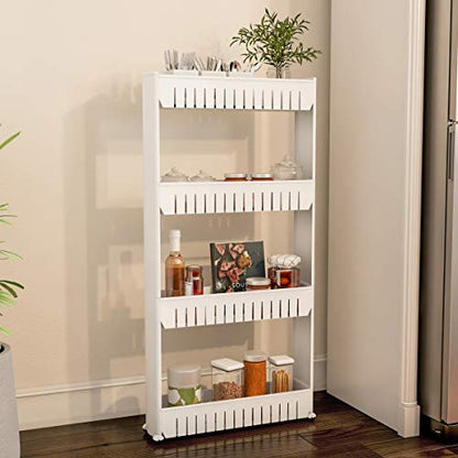 Lavish Home 4-Tier Storage Organizer Rack, White, 21.5” x 5” x 40” | Plastic Rolling Cart for Office, Dorm, Bedroom, Bathroom, and Laundry Room Organizing - size: 4-Tier