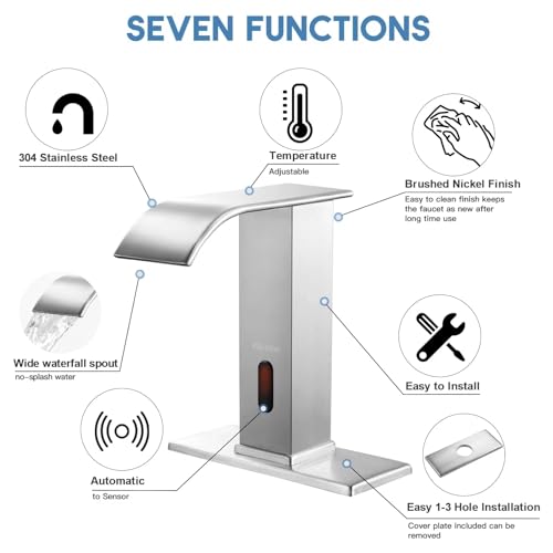 Touchless Bathroom Faucet Automatic Bathroom Sink Faucet with Sensor, Control Box and Temperature Mixer and Hole Cover Plate, Brushed Nickel - color: Brushed Nickel, size: Waterfall