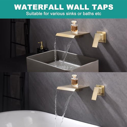 Waterfall Wall Mount Tub Faucet Bathroom Bathtub Faucet Sink Faucet Single Handle Tub Filler Rough-in Valve Included Brushed Gold Modern Basin Mixer Tap