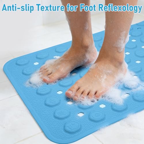 Silicone Anti Slip Bathtub Mat Bath Shower Non-Slip 35x16 for Standard Tub Kids for Elderly Safety Large Thick with Sensory Acupressure Textured Strong Suction Cups & Drain Holes Easy Clean & Dry - color: Blue