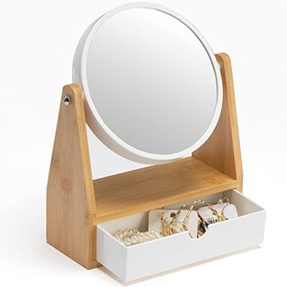 YEAKE Vanity Makeup Mirror with Natural Bamboo Stand, 1X/3X Double Sided Magnifying Mirror with Drawer,Portable Small Table Desk Countertop Mirror, Bathroom Shaving Mirror(Round) - size: 10"L x 7.5"W