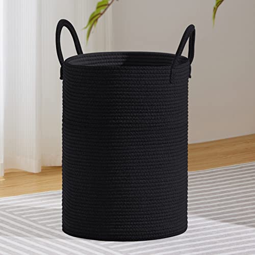 VIPOSCO 72L Tall Woven Laundry Basket Hamper, Black | Cotton rope laundry hamper, collapsible wicker basket, storage for blanket, toys, dirty clothes, for bedroom, bathroom - color: Black, size: 72L