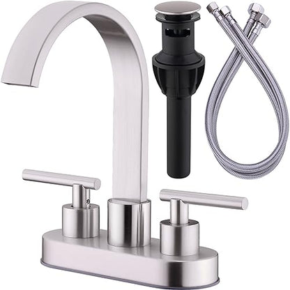 TRUSTMI Bathroom Faucet 3 Hole 4 Inch Centerset Sink Faucet with Overflow Pop Up Drain Assembly, 360 Degree Swivel Spout, Non-Rust Stainless Steel, Brushed Nickel - color: Brushed Nickel