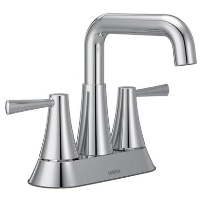 Moen Ronan Chrome Two-Handle 4 in. Centerset Modern Double Bend Bathroom Faucet with Push-Down Drain, 84025 - color: Chrome, style: 2-Handle Centerset
